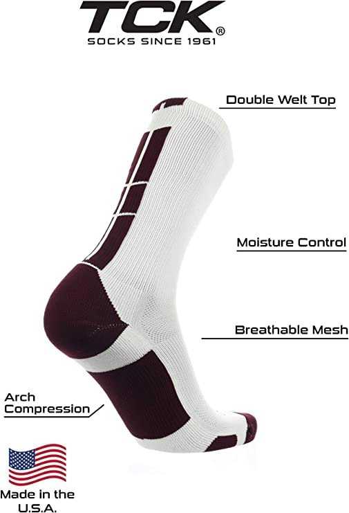 TCK (Twin City Knitting) Baseline 3.0 Athletic Crew Socks - White Maroon - HIT a Double