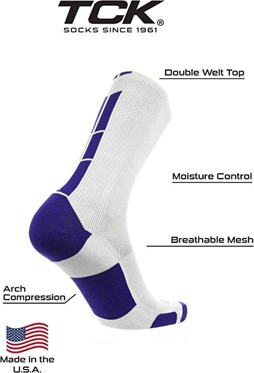 TCK (Twin City Knitting) Baseline 3.0 Athletic Crew Socks - White Purple - HIT a Double