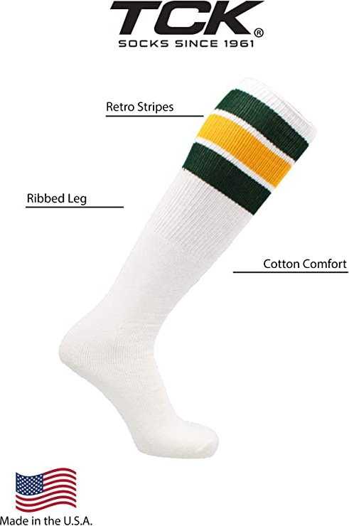 TCK Retro 3-Stripe Knee High Multisport Tube Socks - White Dark Green Gold Dark Green - HIT a Double