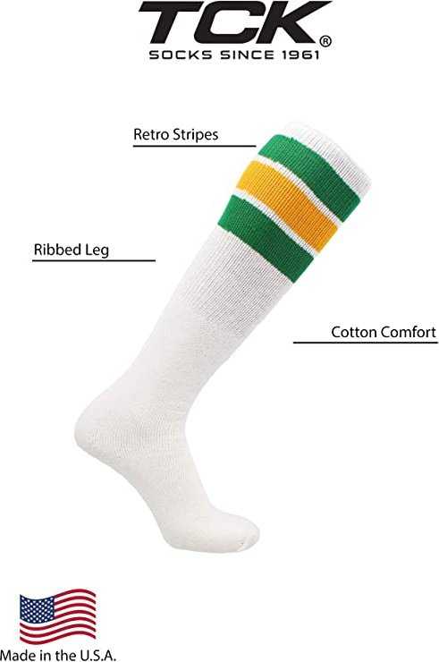 TCK Retro 3-Stripe Knee High Multisport Tube Socks - White Kelly Gold Kelly - HIT a Double