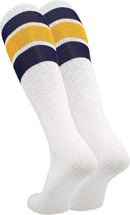 TCK Retro 3-Stripe Knee High Multisport Tube Socks - White Navy Gold Navy - HIT a Double