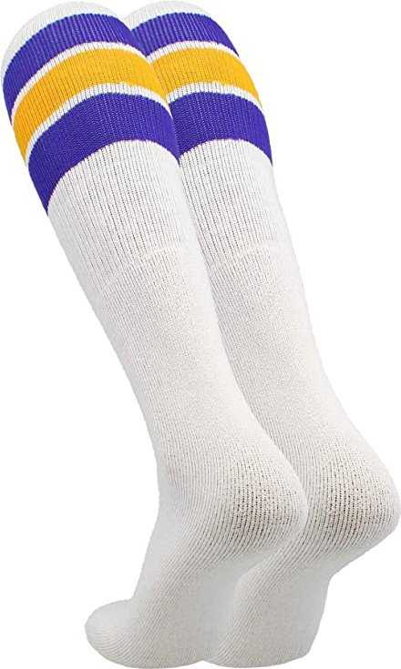 TCK Retro 3-Stripe Knee High Multisport Tube Socks - White Purple Gold Purple - HIT a Double