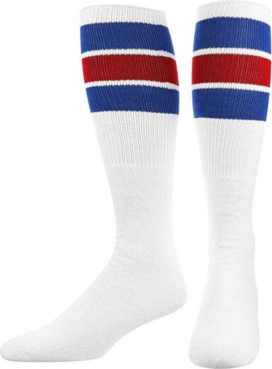 TCK Retro 3-Stripe Knee High Multisport Tube Socks - White Royal Scarlet Royal - HIT a Double